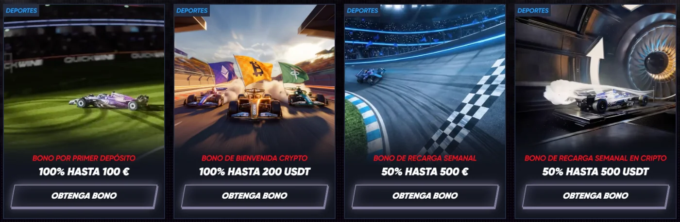 Bonos deportivos de QuickWin Casino con primer depósito, recarga semanal y promociones crypto