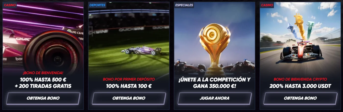 Bonos y promociones de QuickWin Casino con oferta de bienvenida, deportes, torneo y bono crypto