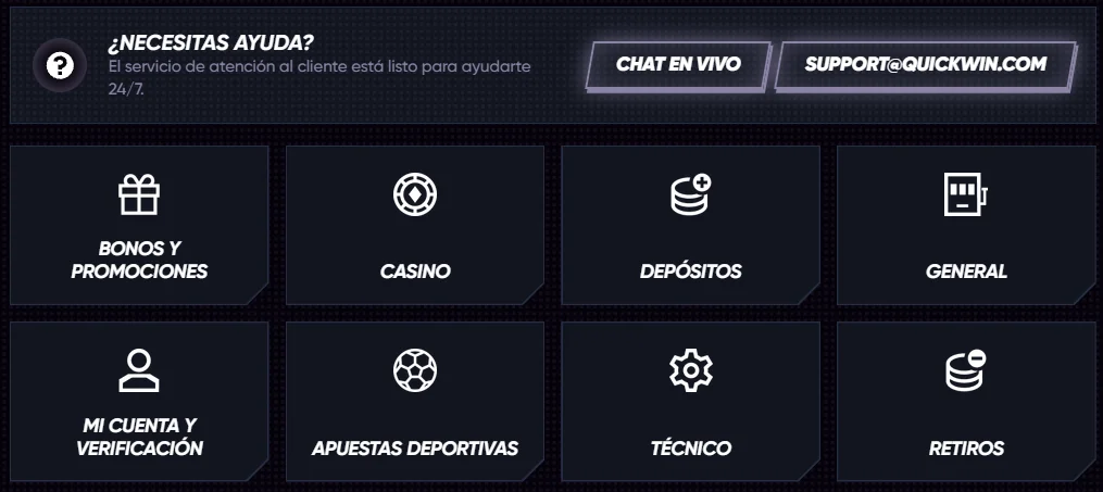 Centro de ayuda de QuickWin Casino con chat en vivo y categorías de soporte