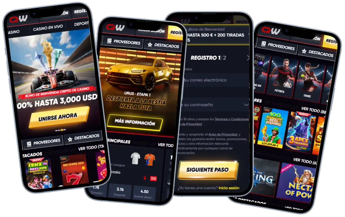 Versión móvil de QuickWin Casino con juegos, apuestas deportivas, registro y promociones